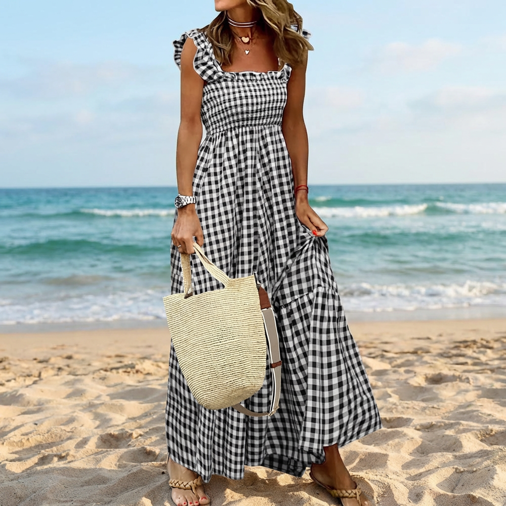 34f6 Gingham Smocked Maxi Dress