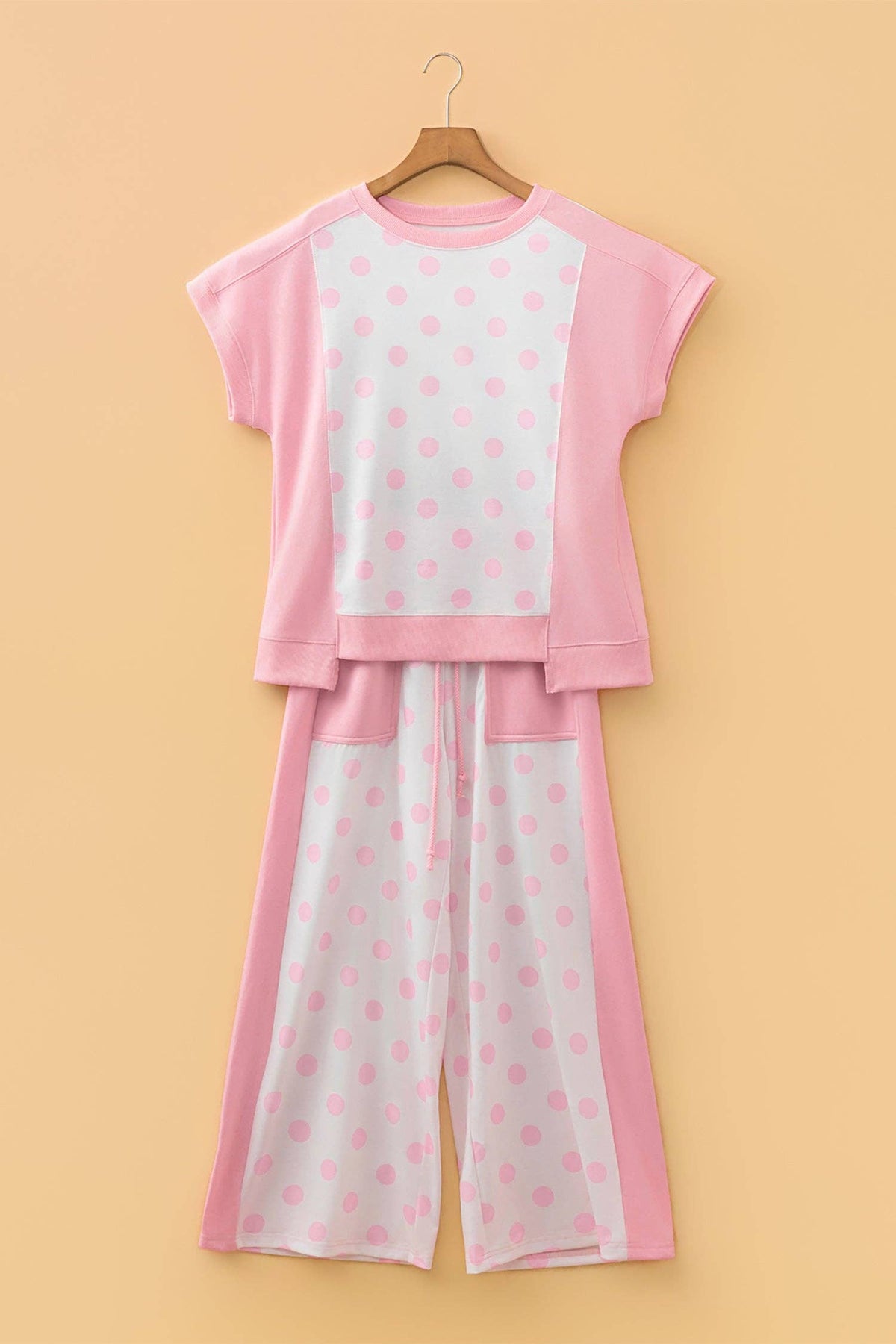 Green Color Block Patchwork Polka Dot Wide Leg Pant Set