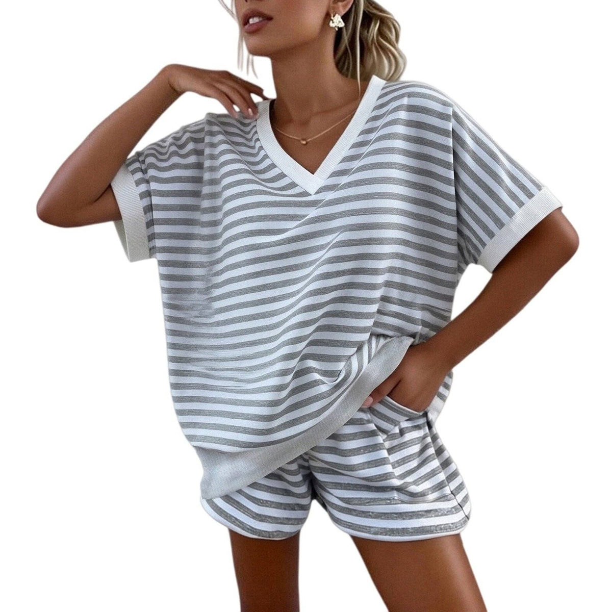 Striped Knit Lounge Set Casual V Neck Shorts