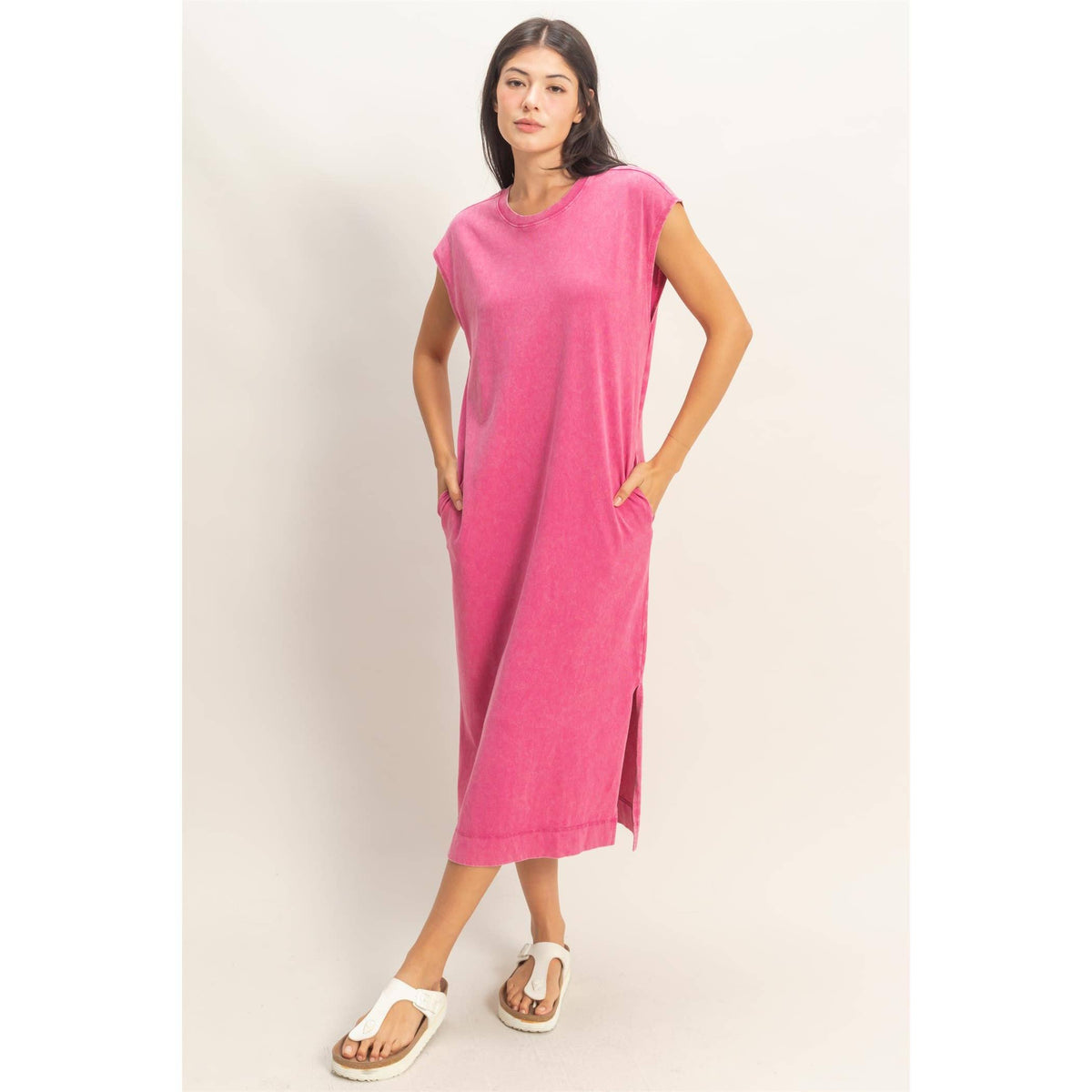 Mineral Wash Cap Sleeve Midi Dress