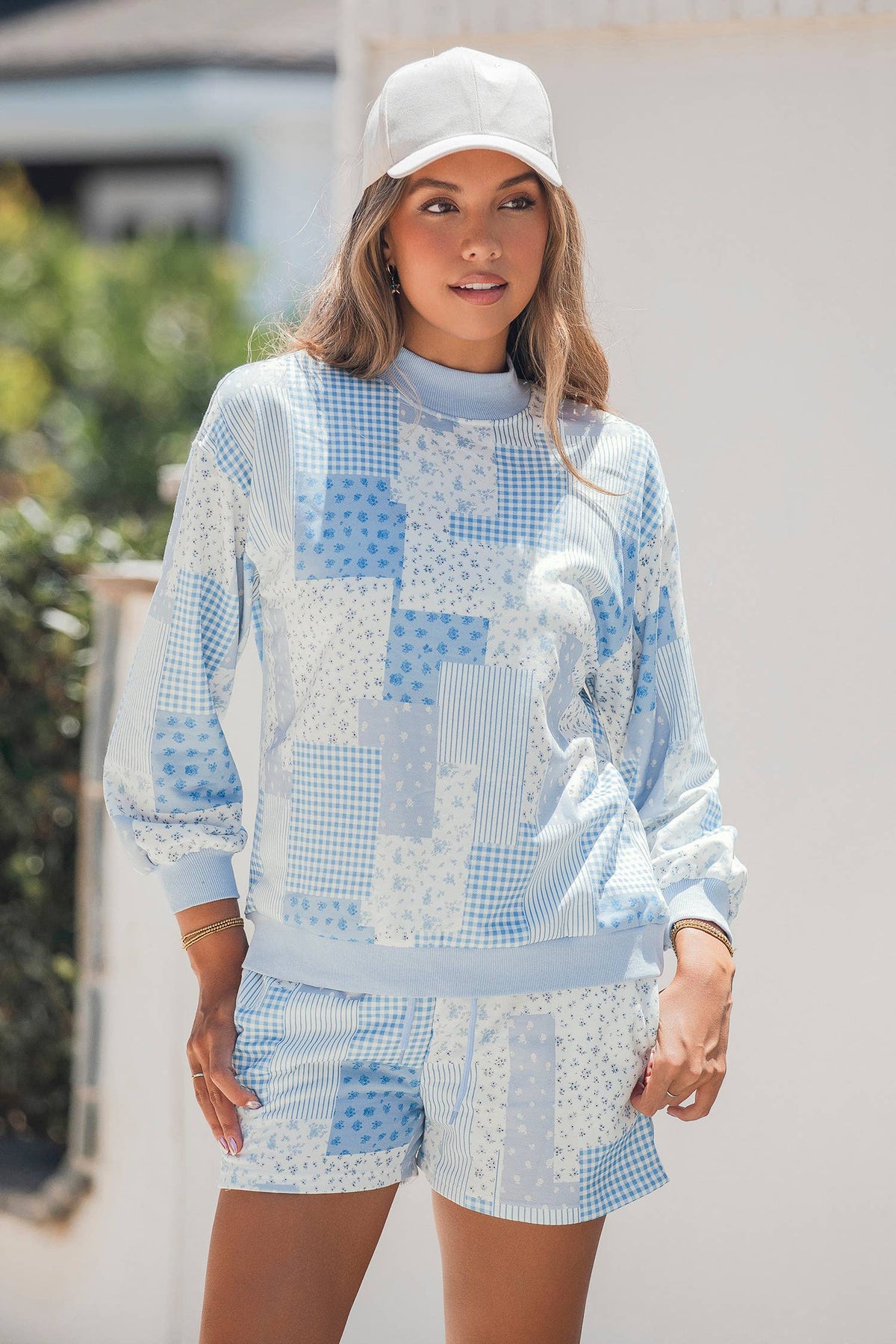 Patchwork Long Sleeve Waist Shorts Two Piece Set S-4X
