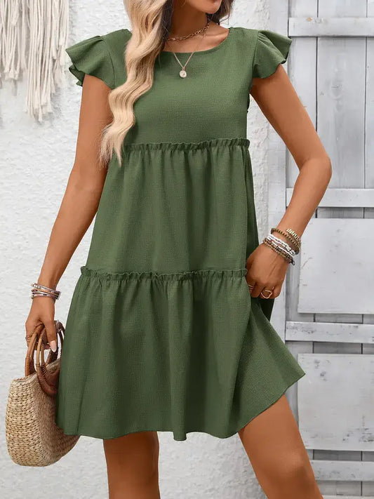 Boho Summer Dress Ruffle Sleeve Tiered Casual Solid Style