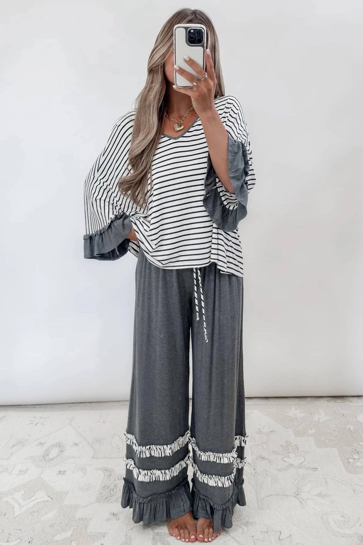 Stripe V Neck Ruffle Contrast Sleeve Drawstring Pants 2pcs Set