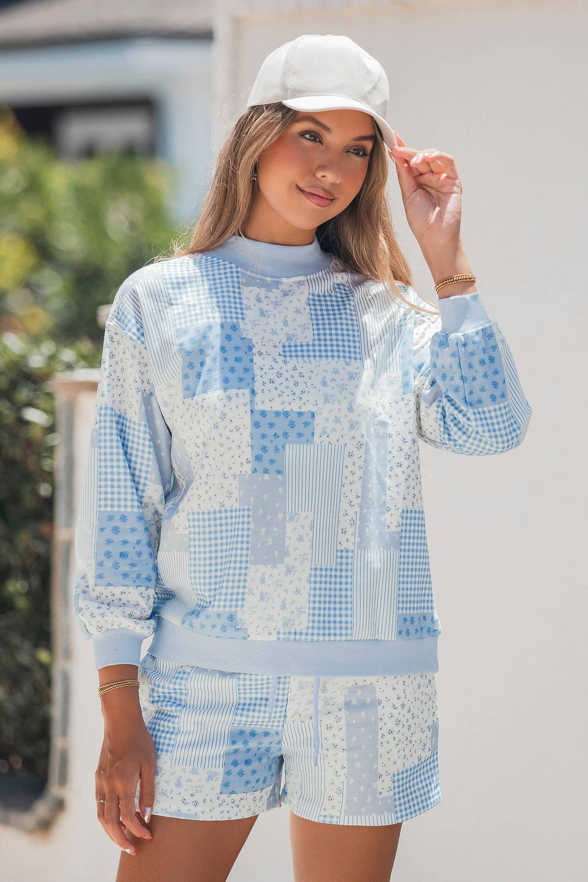Patchwork Long Sleeve Waist Shorts Two Piece Set S-4X