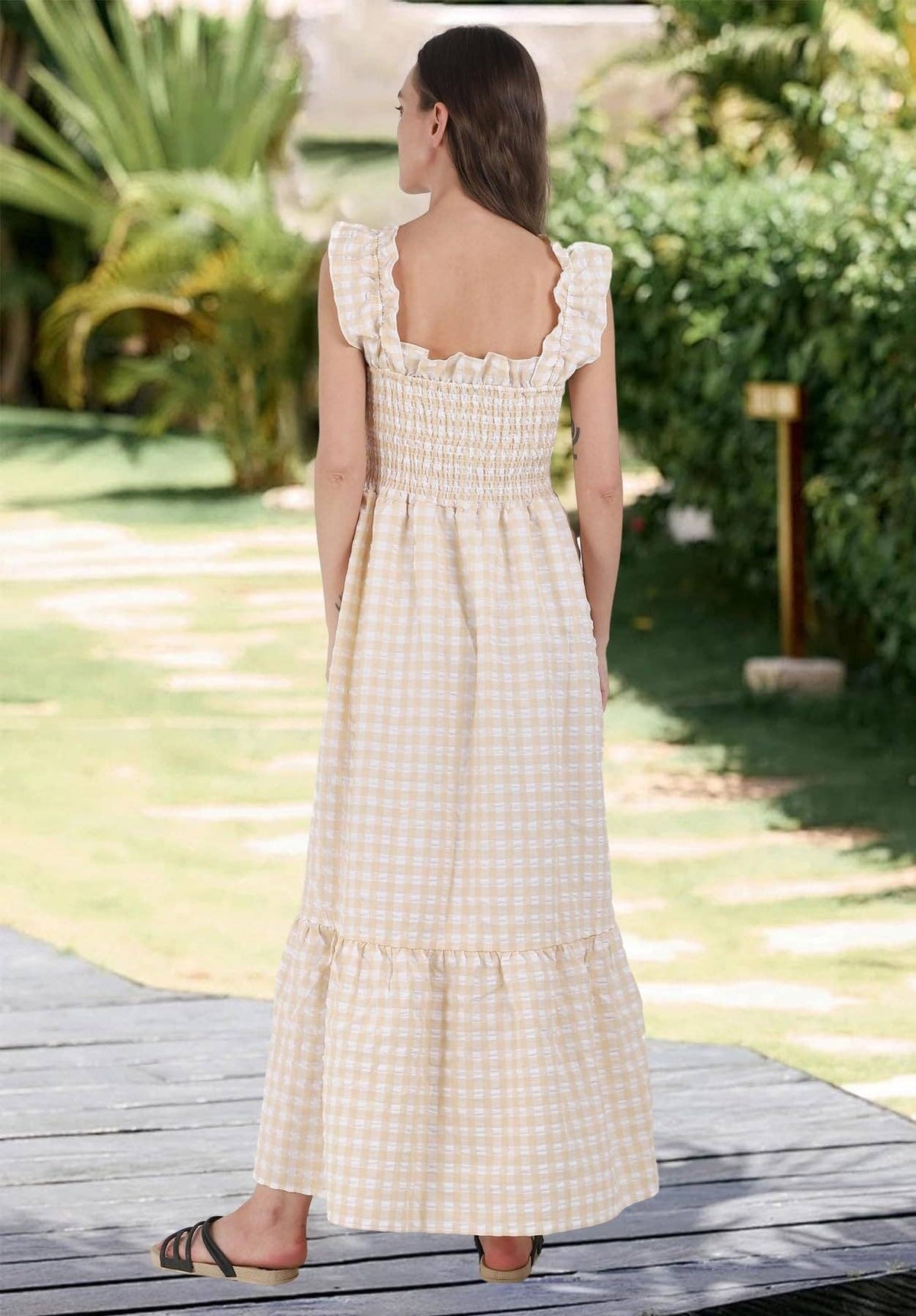 34f6 Gingham Smocked Maxi Dress