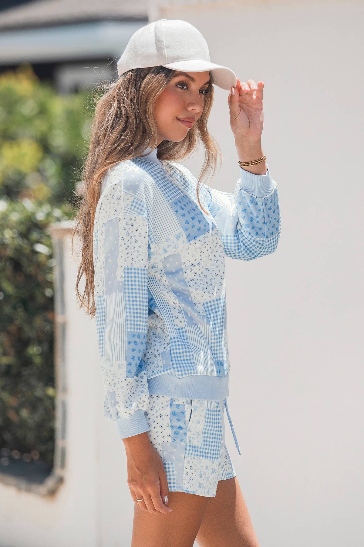 Patchwork Long Sleeve Waist Shorts Two Piece Set S-4X