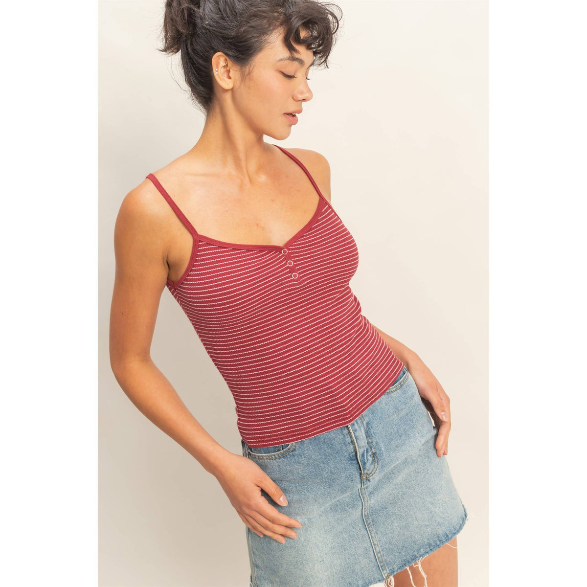 Striped Snap-Button Henley Cami Top