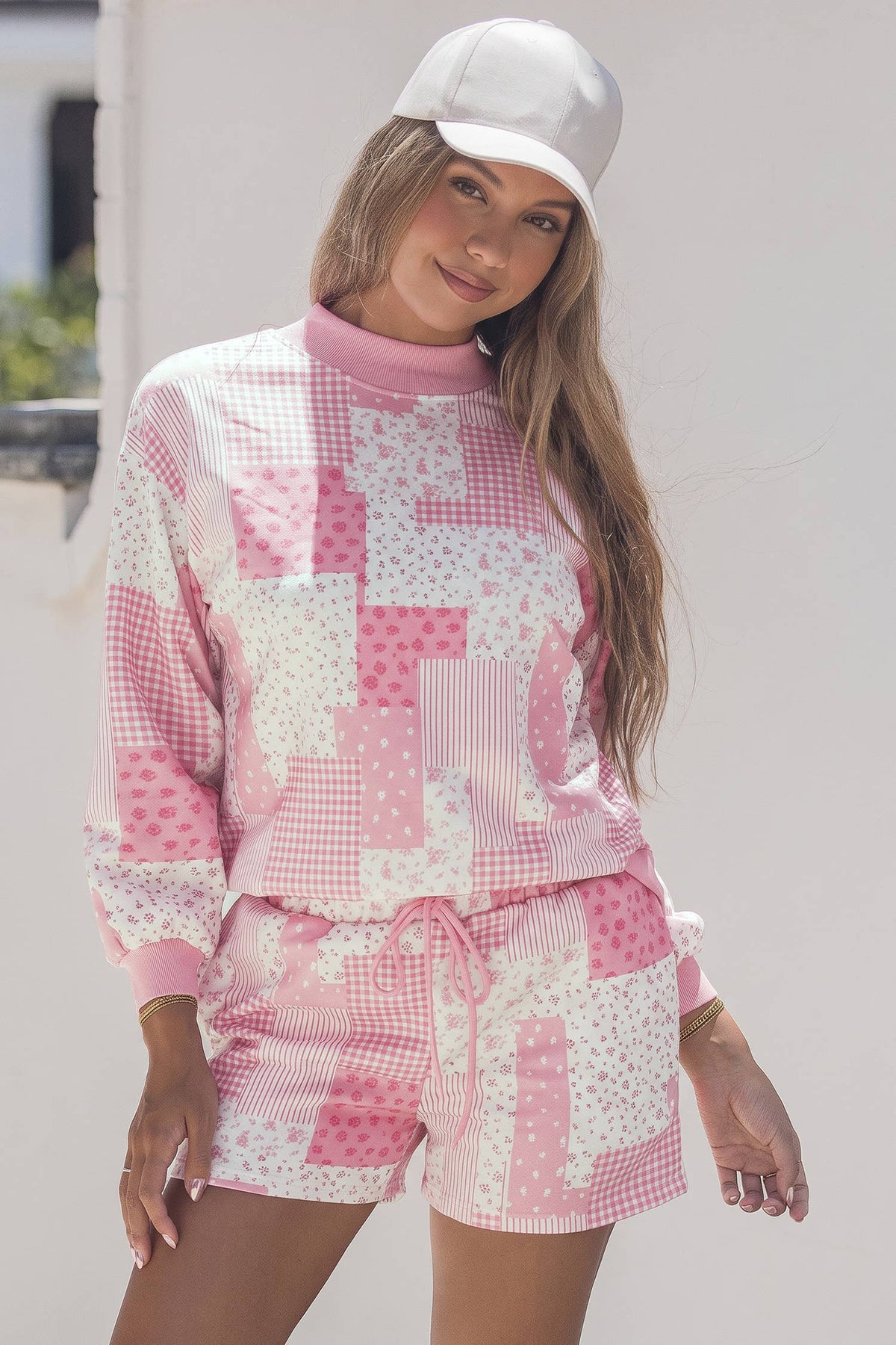 Patchwork Long Sleeve Waist Shorts Two Piece Set S-4X