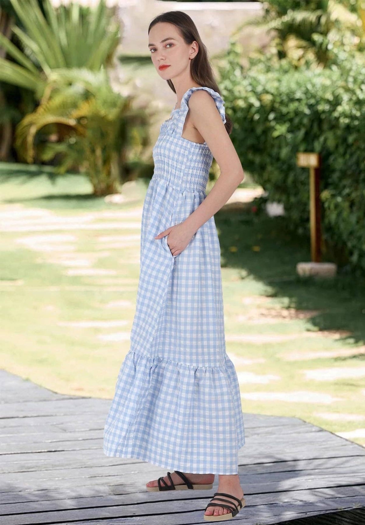 34f6 Gingham Smocked Maxi Dress