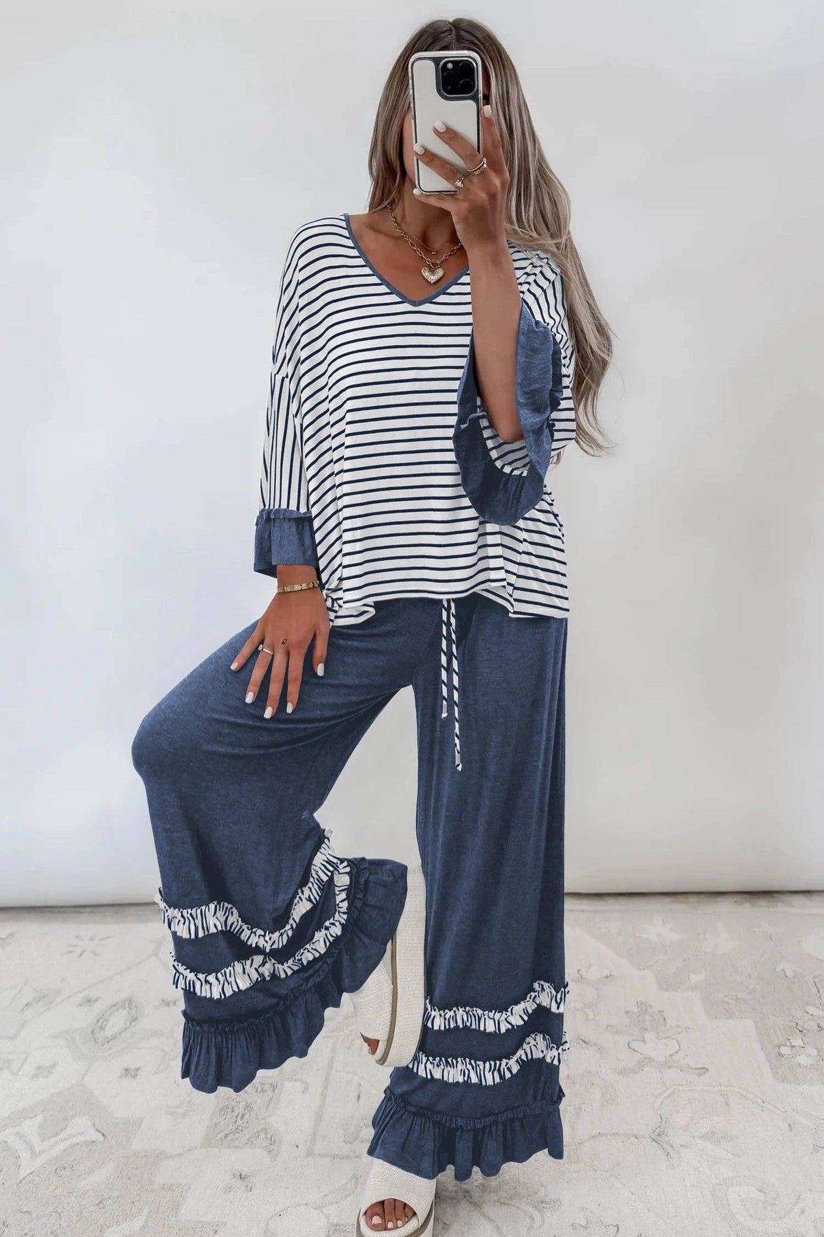 Stripe V Neck Ruffle Contrast Sleeve Drawstring Pants 2pcs Set