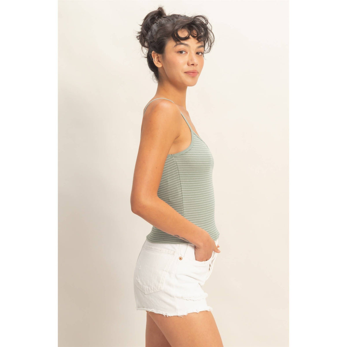 Striped Snap-Button Henley Cami Top