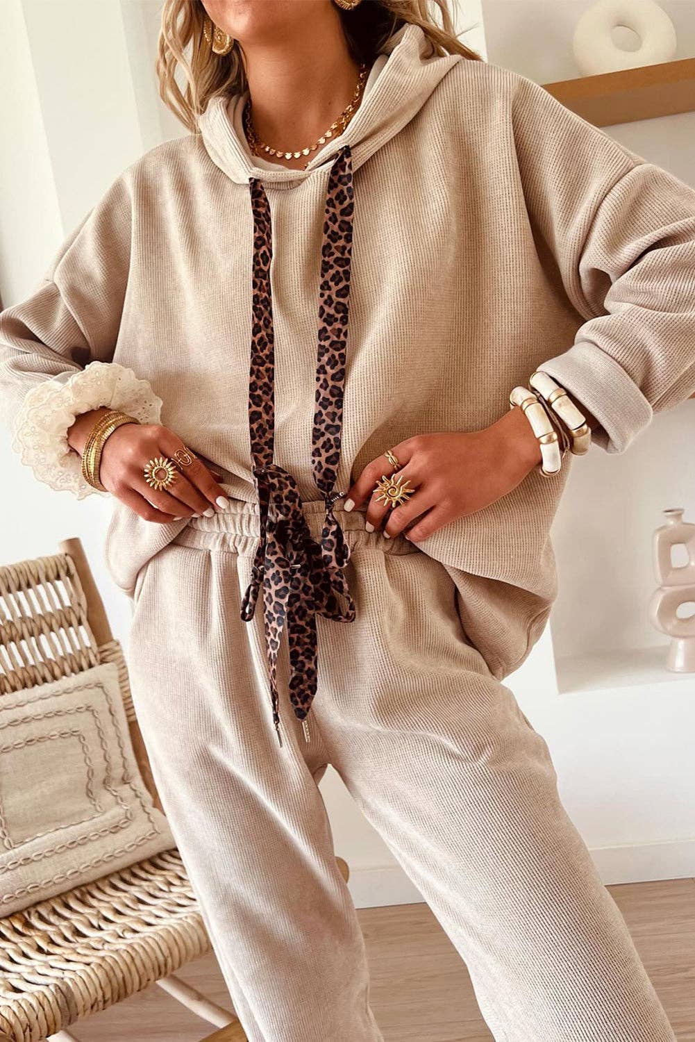 Casual Lace Drawstring Pullover Hoodie and High Waist Pants Corduroy Suit