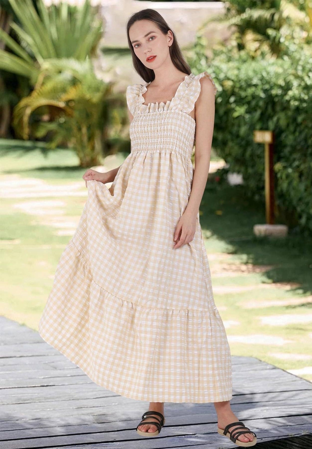 34f6 Gingham Smocked Maxi Dress