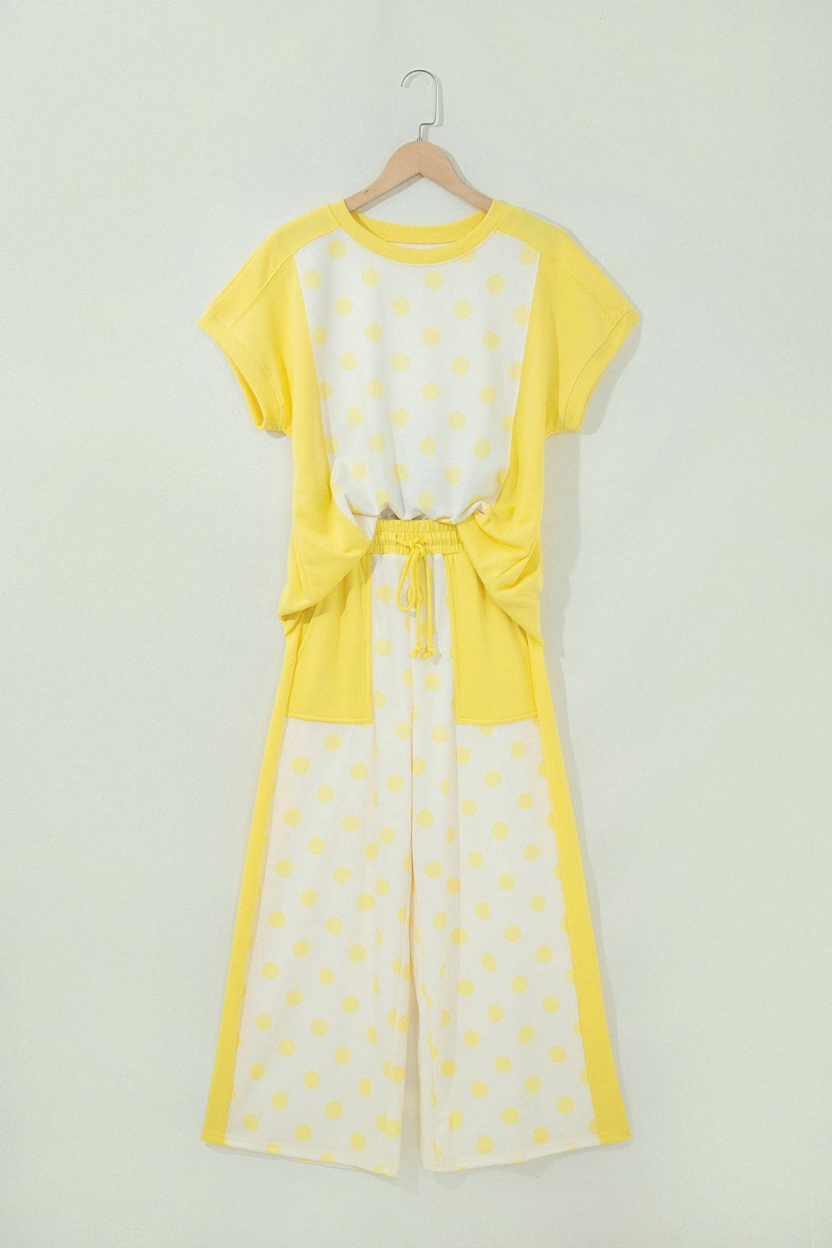 Green Color Block Patchwork Polka Dot Wide Leg Pant Set