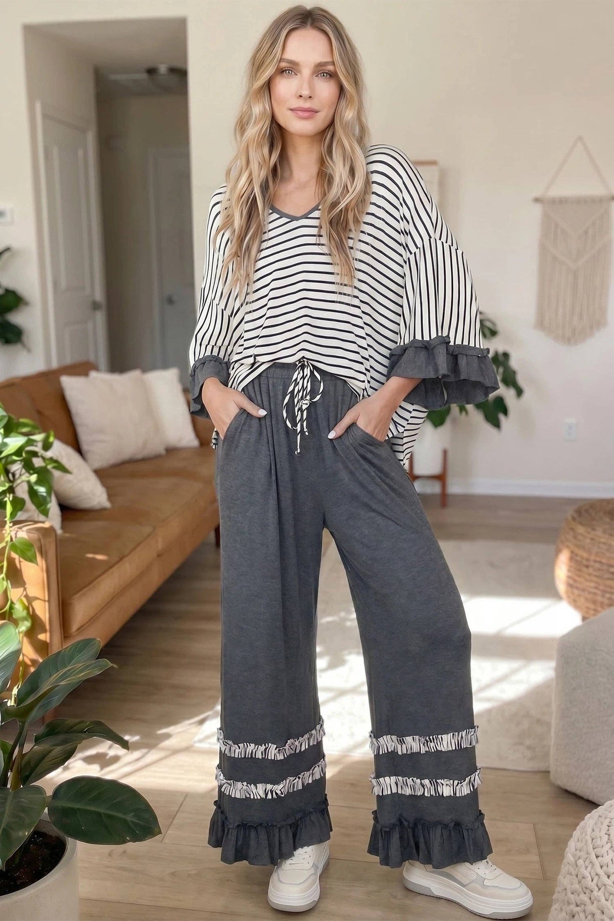 Stripe V Neck Ruffle Contrast Sleeve Drawstring Pants 2pcs Set