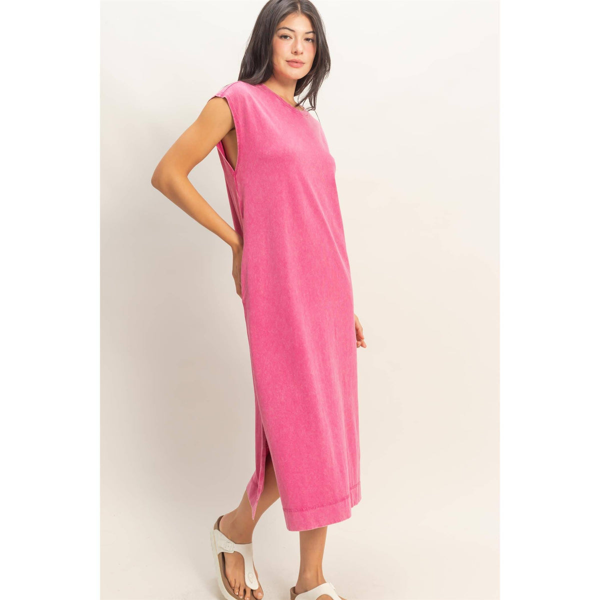 Mineral Wash Cap Sleeve Midi Dress