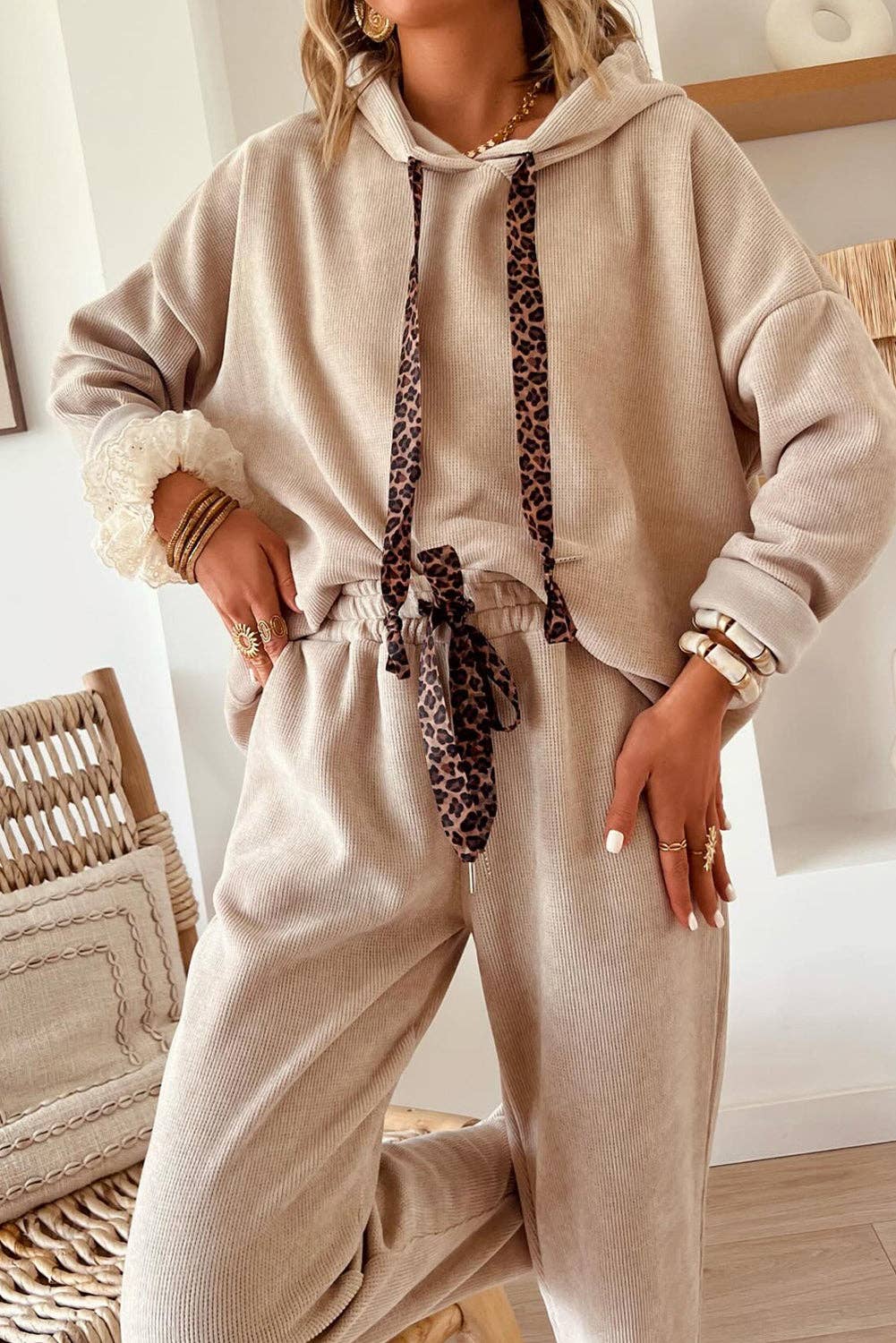Casual Lace Drawstring Pullover Hoodie and High Waist Pants Corduroy Suit