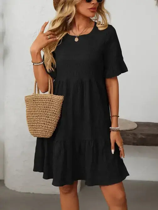 Textured Tiered Mini Dress Ruffle Sleeve Casual