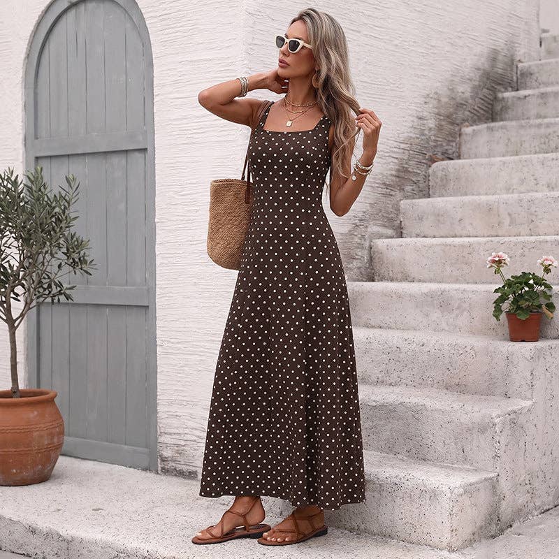 Polka Dot Chiffon Maxi Dress Resort Square Neck