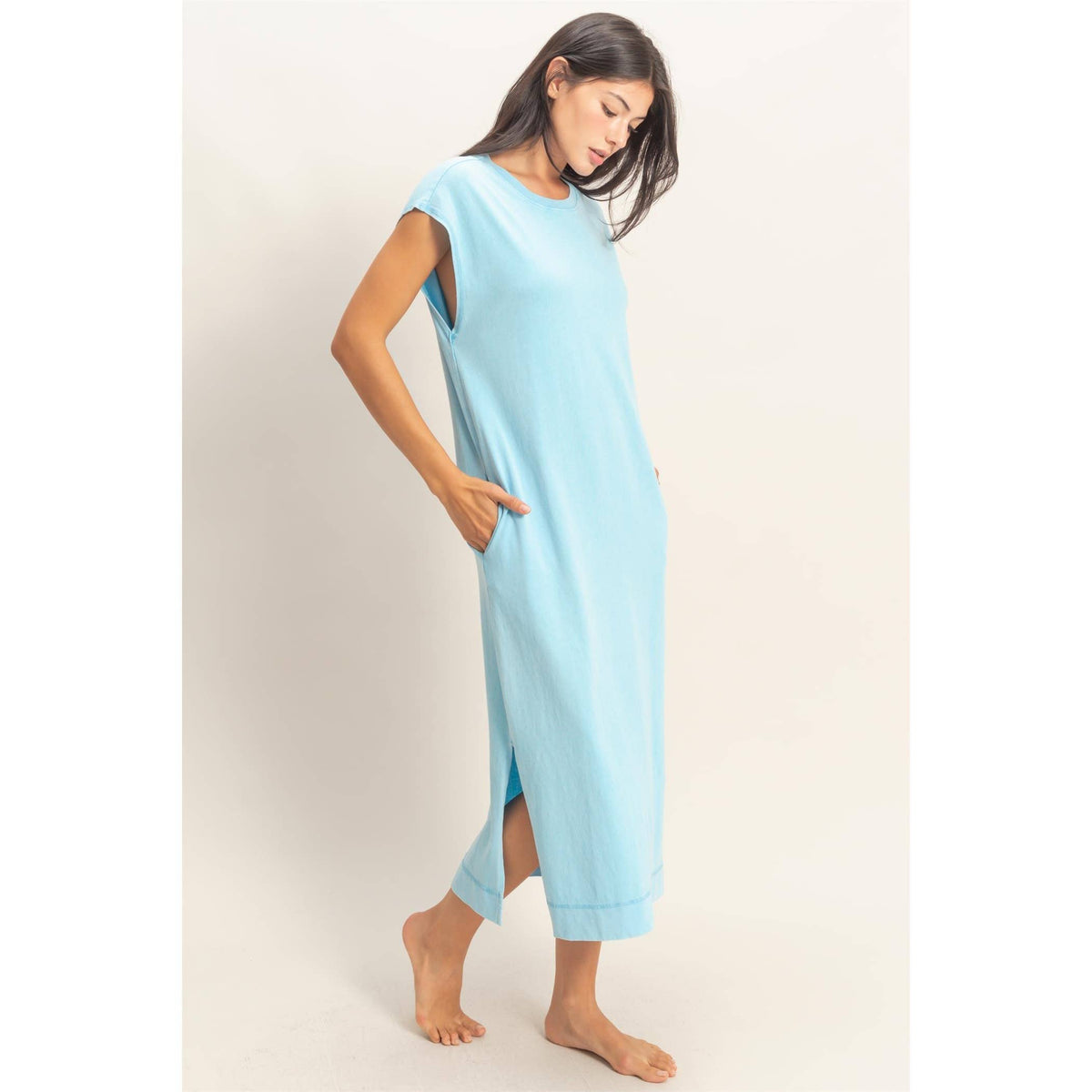 Mineral Wash Cap Sleeve Midi Dress