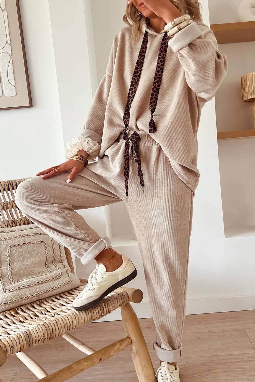 Casual Lace Drawstring Pullover Hoodie and High Waist Pants Corduroy Suit