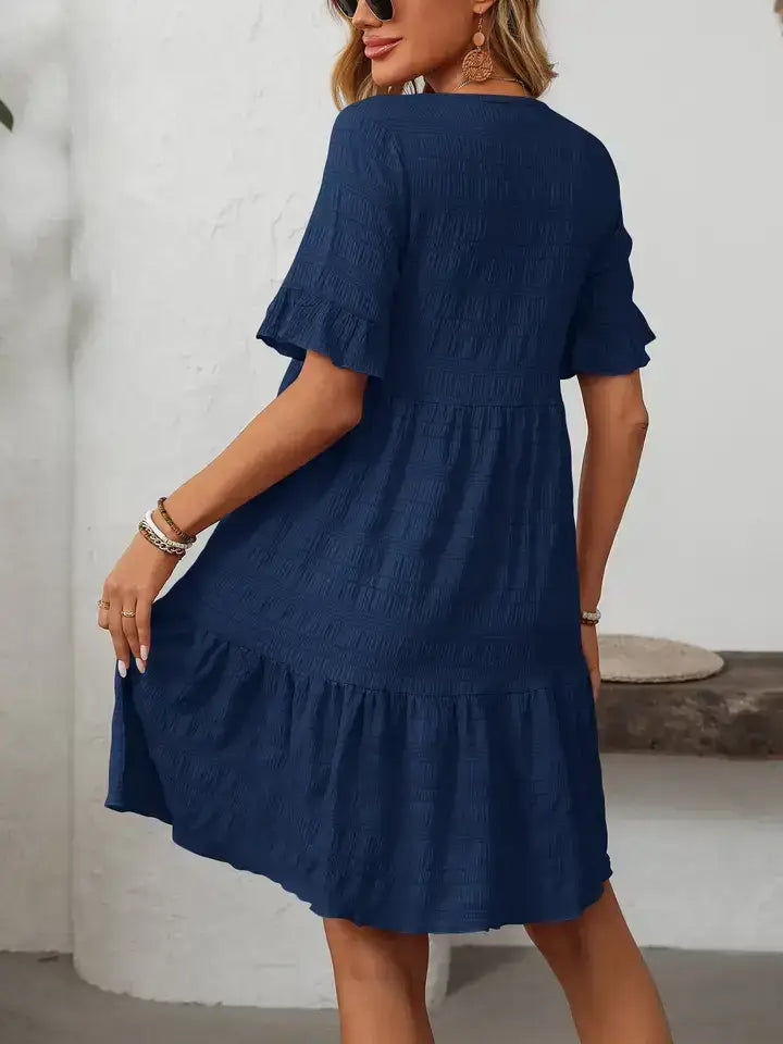 Textured Tiered Mini Dress Ruffle Sleeve Casual