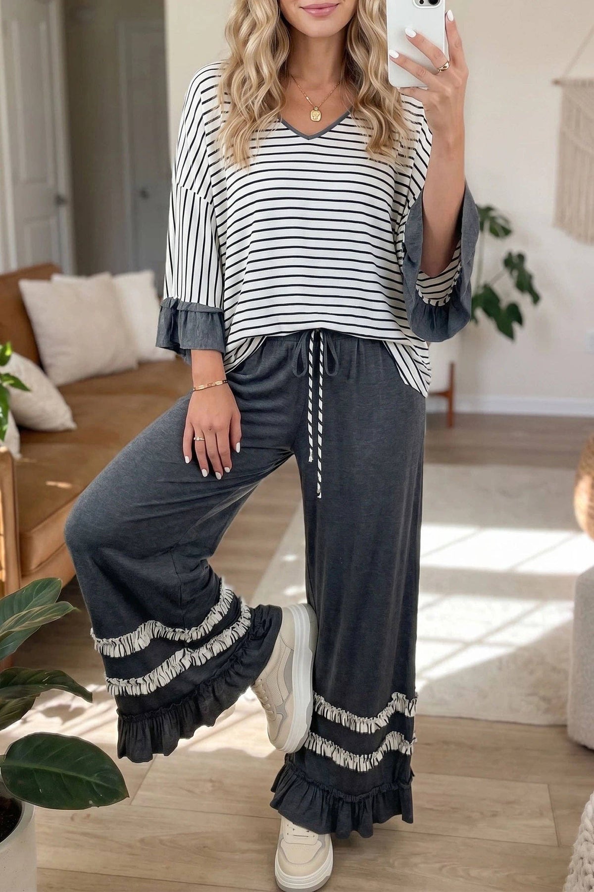 Stripe V Neck Ruffle Contrast Sleeve Drawstring Pants 2pcs Set