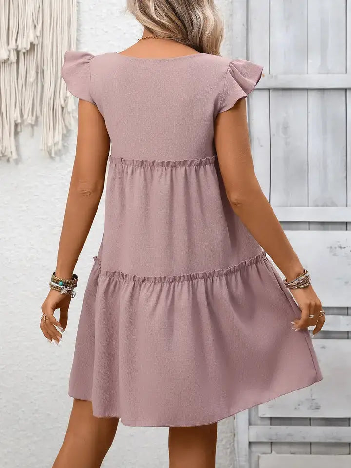 Boho Summer Dress Ruffle Sleeve Tiered Casual Solid Style
