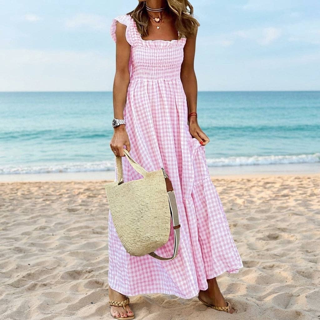 34f6 Gingham Smocked Maxi Dress