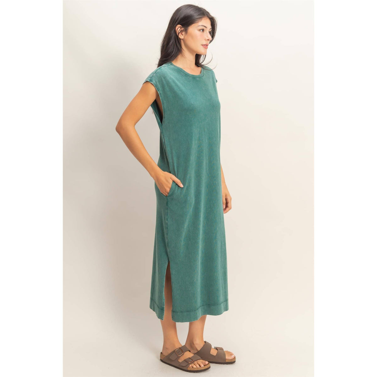 Mineral Wash Cap Sleeve Midi Dress